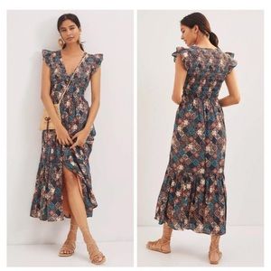 NWOT Anthropologie Smocked Ruffle Midi Dress. Dark Turquoise.  Size Small
